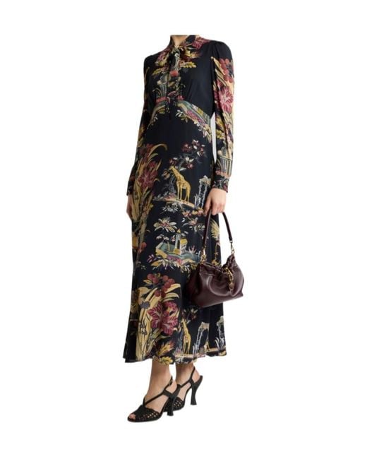 Etro Black Long Dress With Silk Scarf And Placed Flower And Animal Print