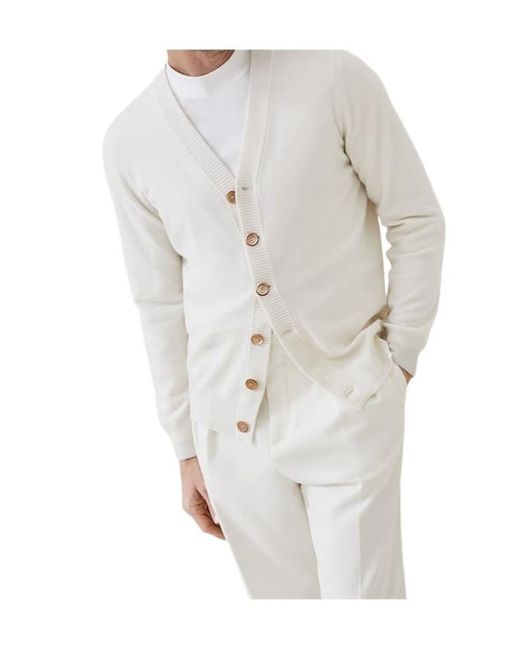 Brunello Cucinelli White Button-Front V-Neck Cardigan for men