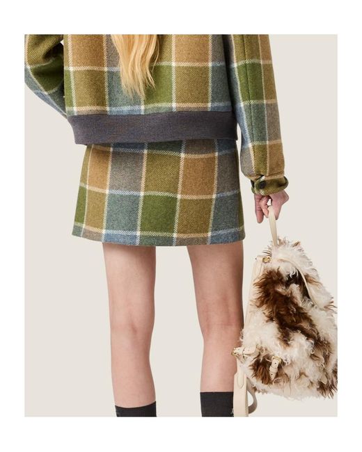 Miu Miu Green Wool Check Mini Skirt