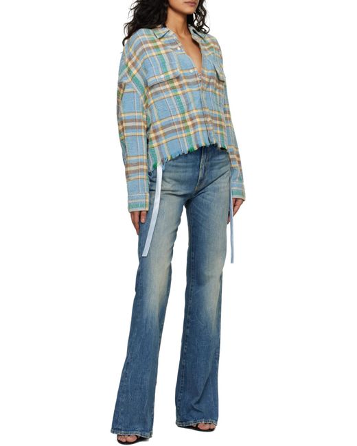 R13 Blue Check Pattern Cropped Fringed Work Shirt