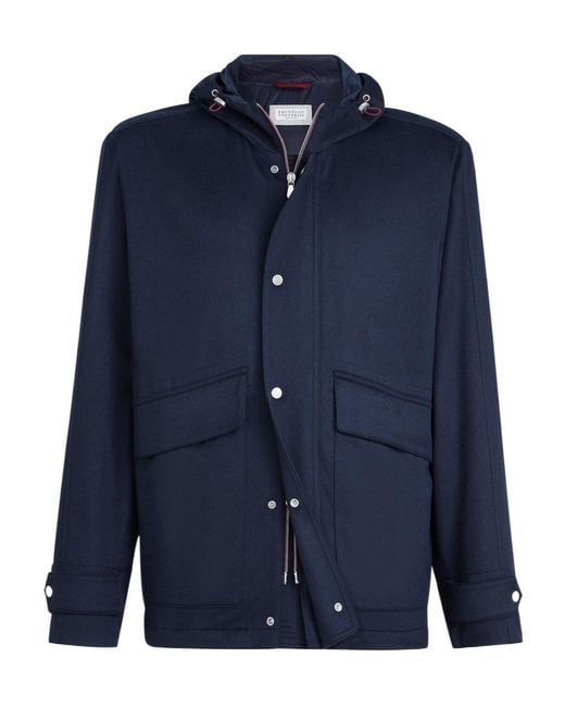 Brunello Cucinelli Blue Cashmere Hooded Jacket for men