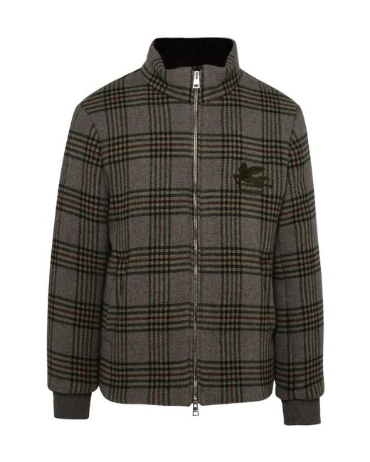 Etro Green Logo Embroidered Checked Zipped Jacket for men