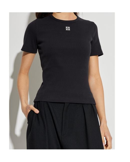 Tory Burch Black Ribbed Top With Logo Patch