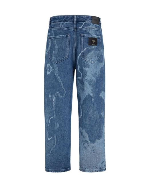 Fendi Blue Contrasted Logo Motif Denim Trousers for men