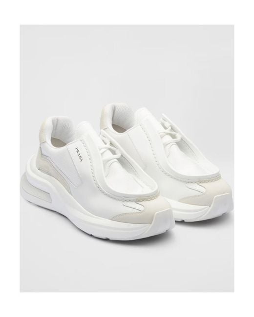 Prada White Brushed Leather Sneakers With Bike Fabric And Suede Elements for men