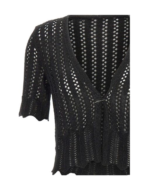 Kaos Black Openwork Cropped Knitted Top
