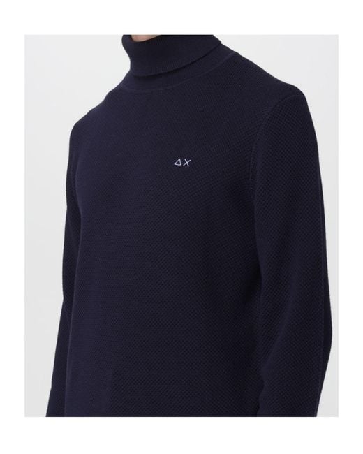 Sun 68 Blue Textured Turtleneck Knitted Sweater for men