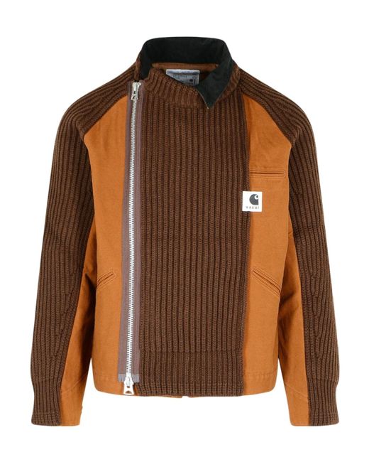 Sacai Brown X Charhartt Panelled Logo Patch Zip-Up Jacket for men