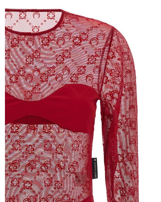 MARINE SERRE Red Monogram Mesh Flock Bodysuit Top