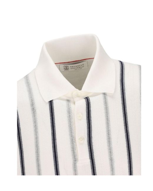Brunello Cucinelli White Short-Sleeved Striped Polo Shirt for men
