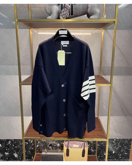 Thom Browne Blue 4-Bar Long Sleeved Knit Cardigan