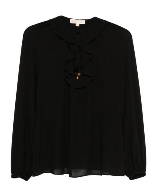 Michael Kors Black Ruffled-Neck Long Sleeved Blouse