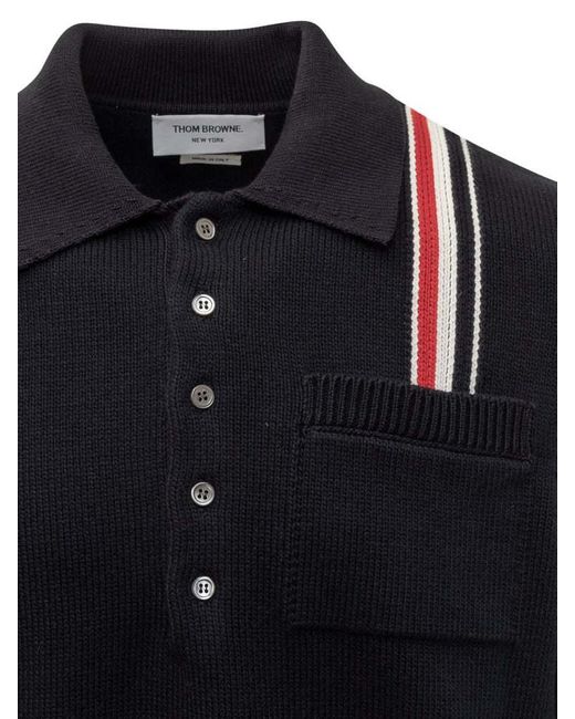 Thom Browne Black Rwb Stripe Straight Hem Knitted Polo Shirt for men