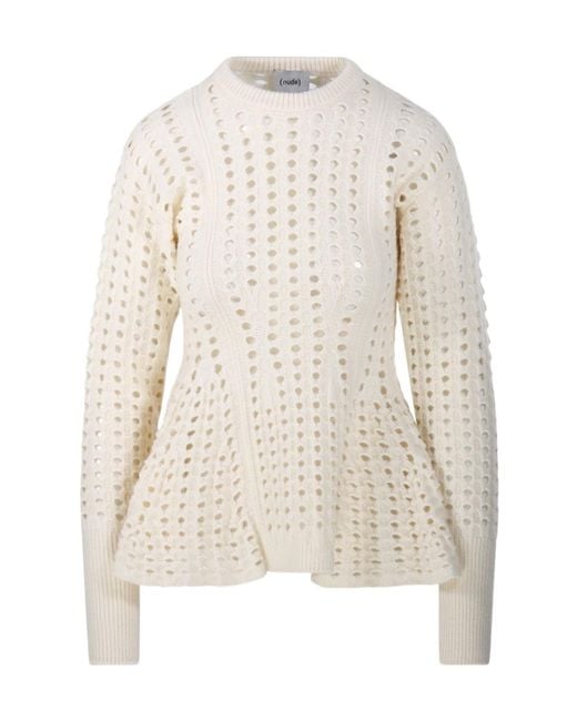 Nude White Perforated T-Neck Sweater
