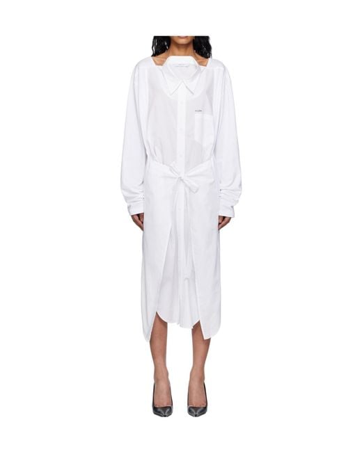 Pushbutton White Long-Sleeved Dress