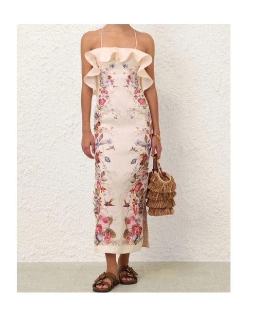 Zimmermann Natural Ruffled Floral Midi Dress