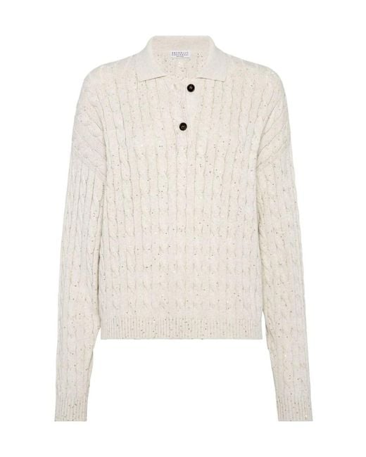 Brunello Cucinelli White Sequin-Embellished Straight Hem Jumper