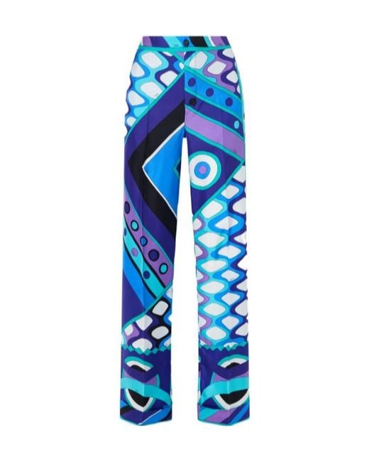 Emilio Pucci Blue Printed Silk-Twill Wide-Leg Pants