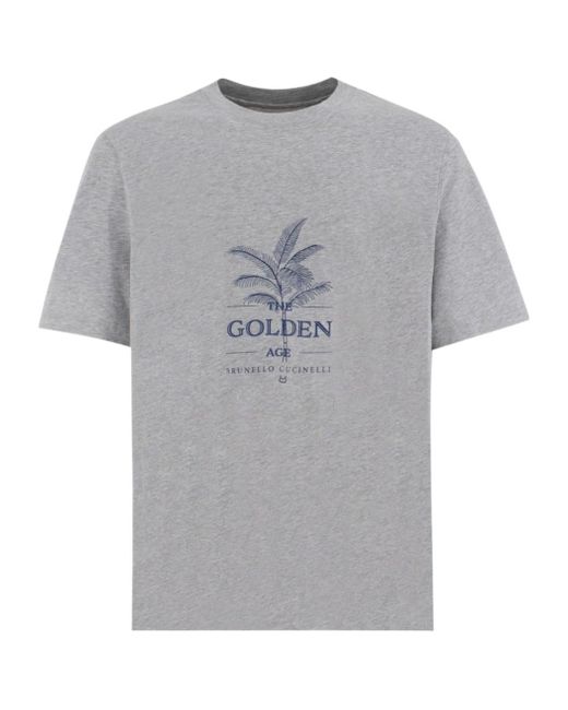 Brunello Cucinelli Gray Logo Printed Crewneck T-Shirt for men