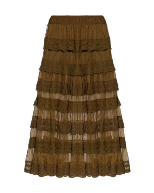 AllSaints Green Elastic Waist Midi Skirt