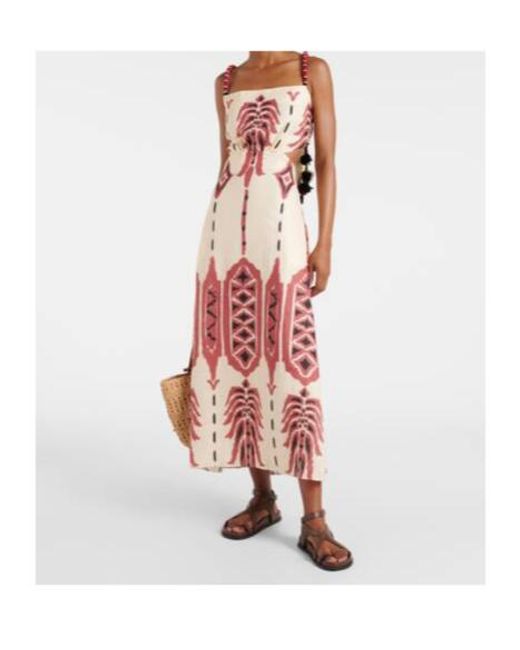 Johanna Ortiz Embroidered Printed Linen Midi Dress