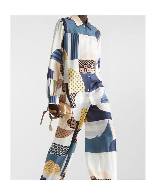 Fendi Blue Patchwork Printed Long Sleeved Shirt