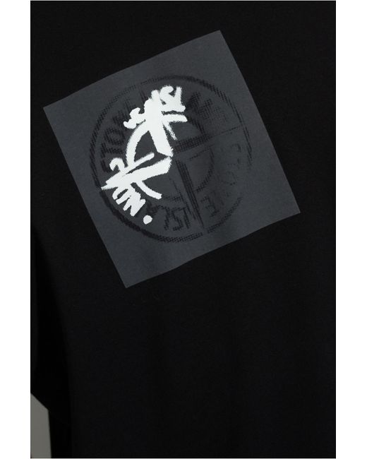 Stone Island Black Compass-Print Cotton T-Shirt for men
