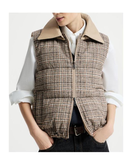 Brunello Cucinelli Brown Twill And Prince-Of-Wales Reversible Down Vest With Detachable-Leather-Collar And Monili