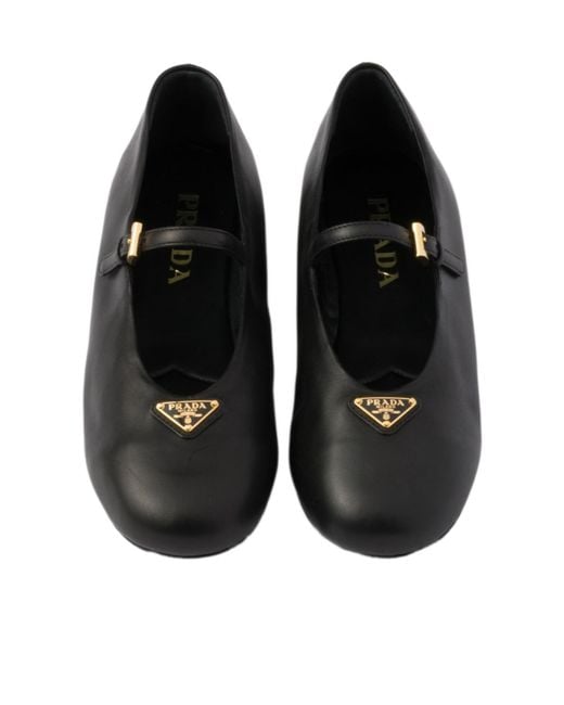 Prada Black Logo Detailed Round-Toe Ballerina Shoes