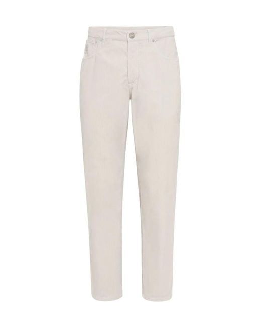 Brunello Cucinelli White Logo Patch Straight-Leg Trousers for men