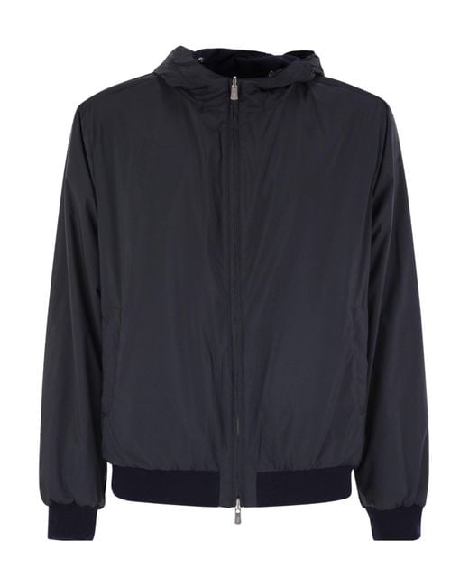 Fedeli Blue Reversible Hooded Bomber Jacket for men