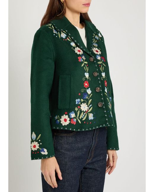 Rixo Green Jude Floral-Embroidered Wool-Blend Jacket