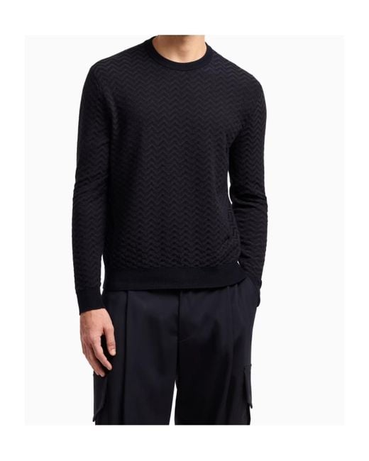 Giorgio Armani Blue Plated Chevron Crewneck Jumper for men