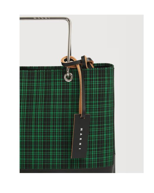 Marni Green Checked Twill Shopper Bag for men