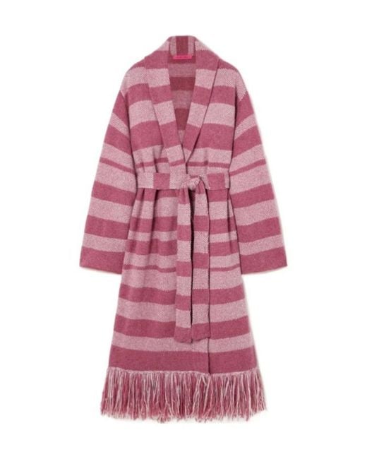 The Elder Statesman Red Belted Fringed Striped Cashmere Cardigan
