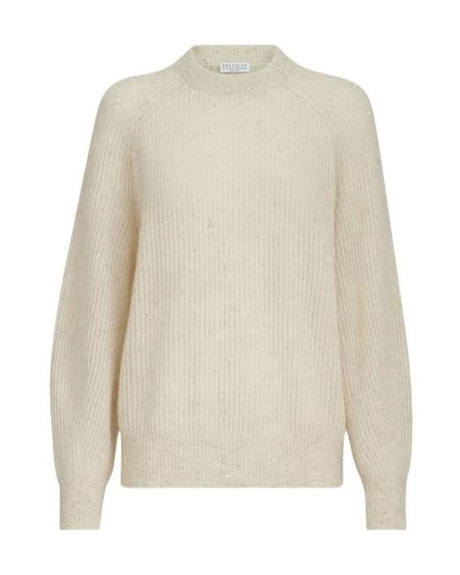 Brunello Cucinelli White Mohair, Cotton And Wool Diamond Yarn English Rib Sweater
