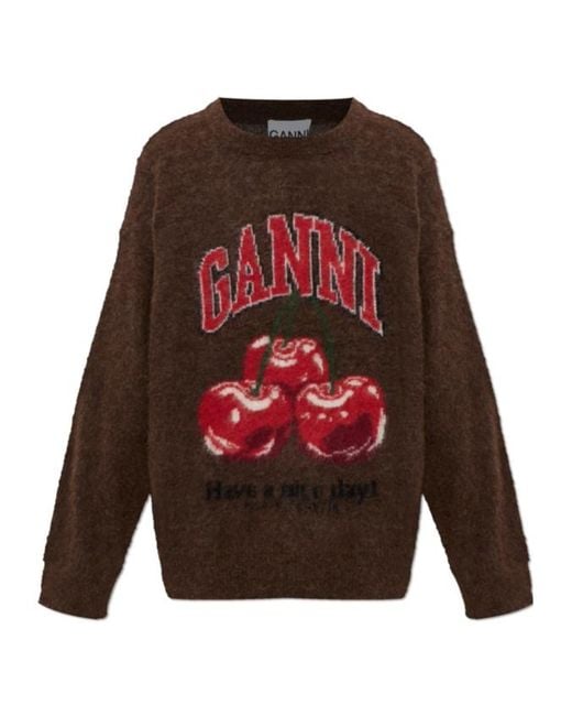 Ganni Red Cherry Patterned Oversized Knit Jumper