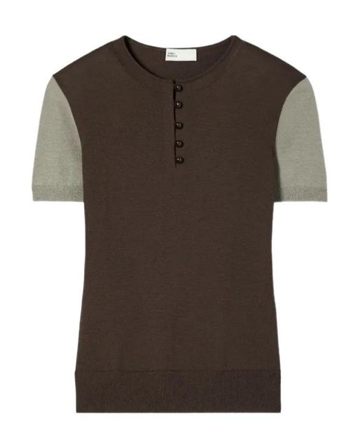 Tory Burch Brown Button Wool Henley T-Shirt