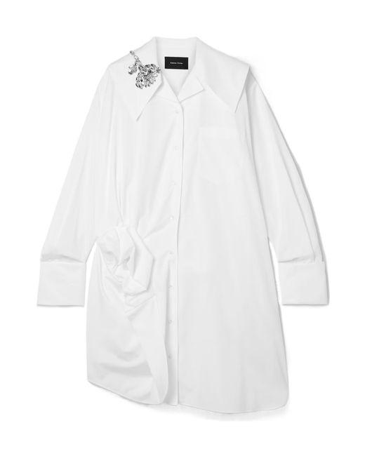 Simone Rocha White Embellished Gathered Cotton Shirt Dress