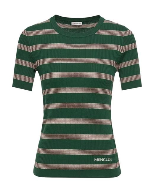Moncler Green Striped Cotton Short Sleeve Polo Shirt