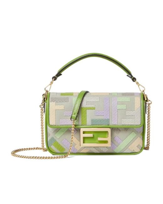 Fendi Green Baguette Ff Embroidery Mini Shoulder Bag