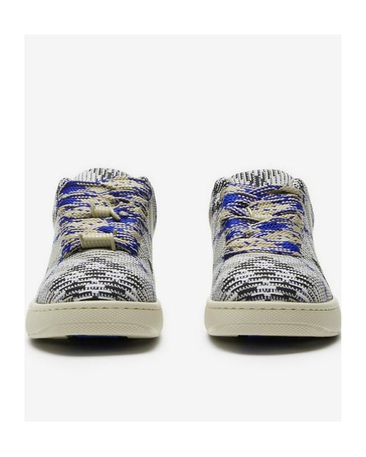 Burberry Blue Box Checked Knitted Lace-Up Sneakers