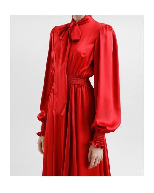Dolce & Gabbana Red Silk Satin Shirt Dress With Pussy-Bow