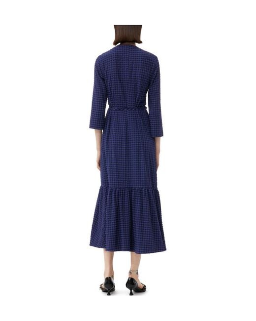 Ganni Blue Checkered Seersucker Gathered Midi Wrap Dress