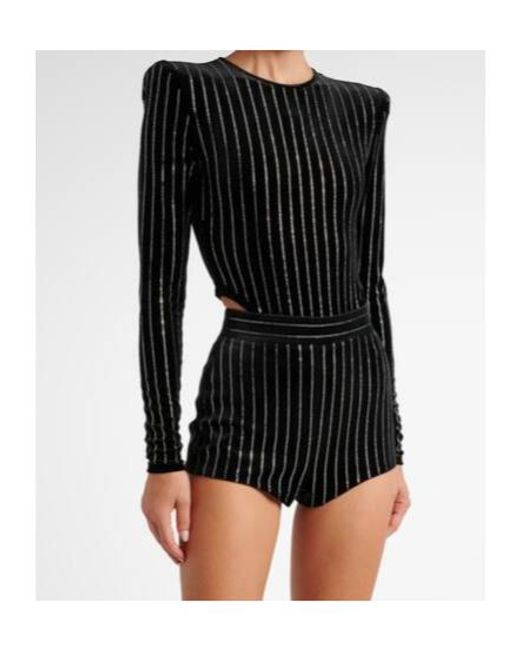 Alex Perry Black Crystal-Embellished Pinstripe Velvet Bodysuit