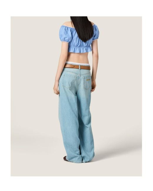 Miu Miu Blue Checked Poplin Cropped Top