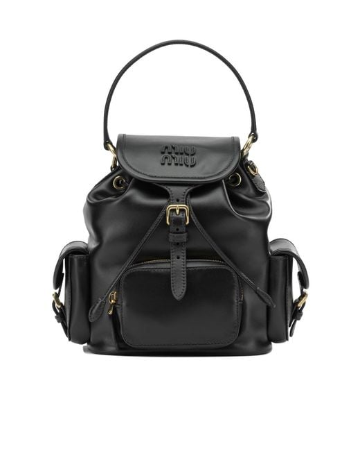 Miu Miu Black Logo-Embossed Calf Leather Backpack