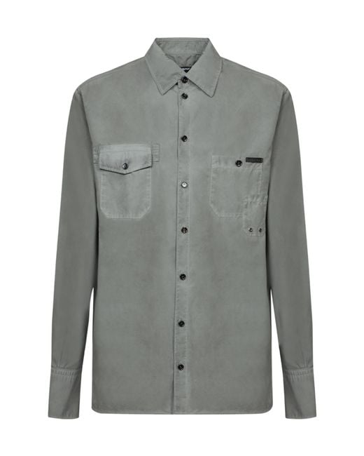 Dolce & Gabbana Gray Logo Patch Cruved Hem Shirt for men