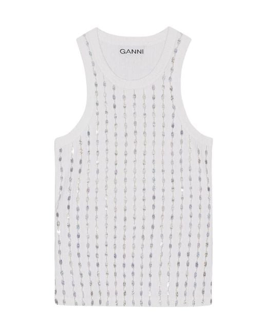 Ganni White Embellished Sleeveless Tank Top