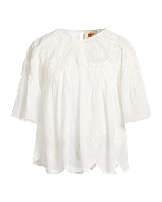 Farm Rio White Solid-Color Lace Short Sleeves